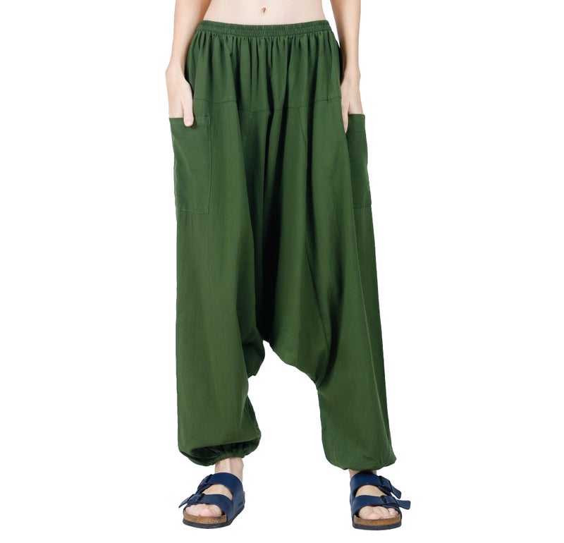 CandyHusky Women Cotton Harem Pants Casual Elastic Waist Boho Pants Comfort Soft - Green - Image 1